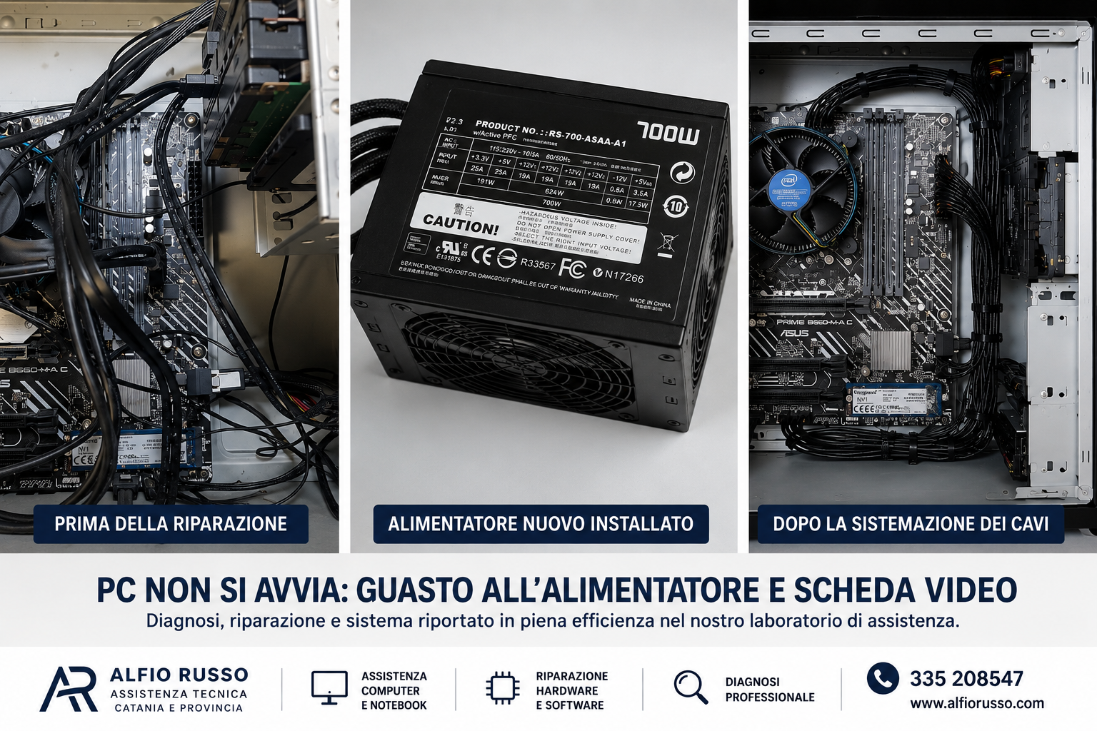 Riparazione computer a Catania: sostituzione alimentatore e scheda video, ricablaggio interno