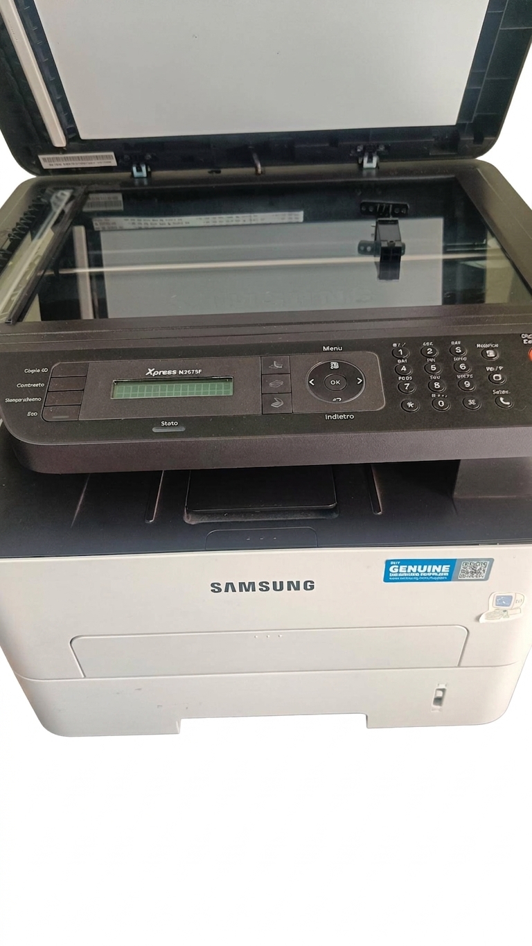 ADF Samsung riparato con cerniera sostituita, perno rotto visibile sul vetro della stampante