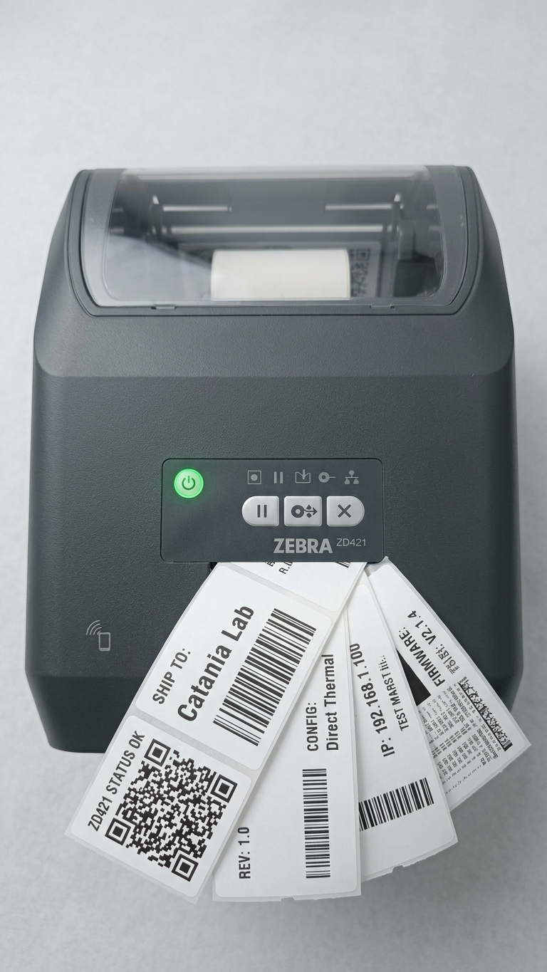 Zebra ZD421 riparata dopo sostituzione sensore e prova di stampa